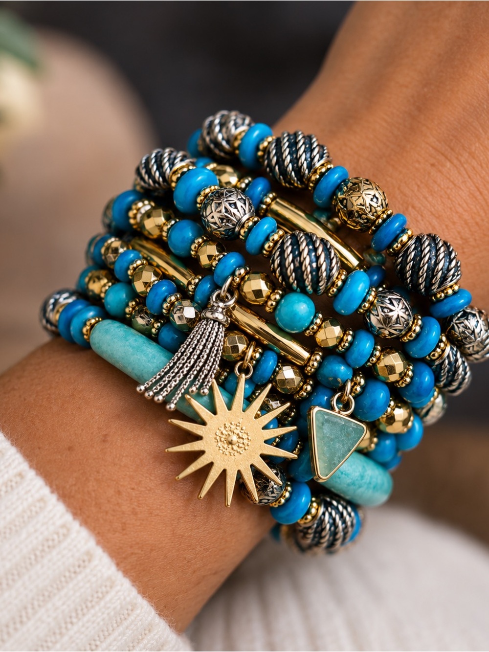 7 Layered Stretch Bracelet with Sun Charm
